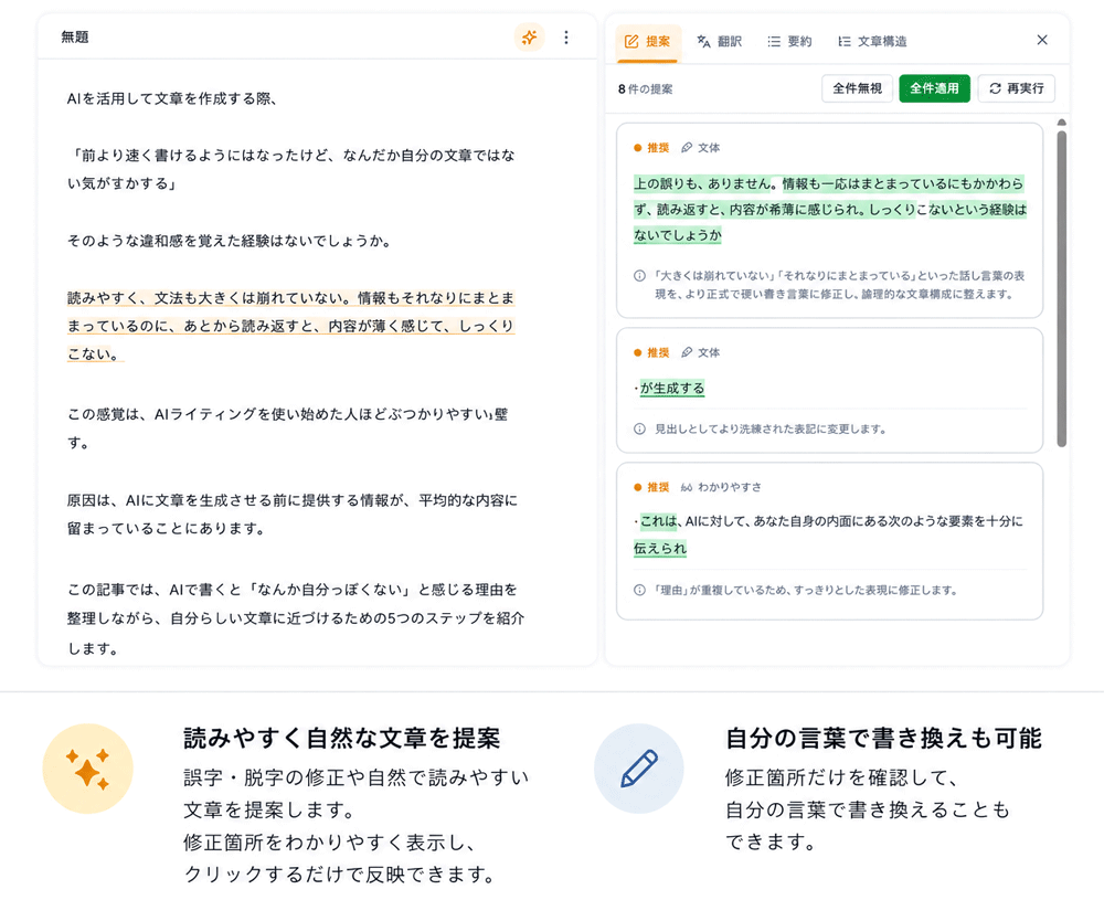 「提案」機能：ブロックの内容からAIが修正した方がよい箇所を提案。修正もボタン一つで反映できます。