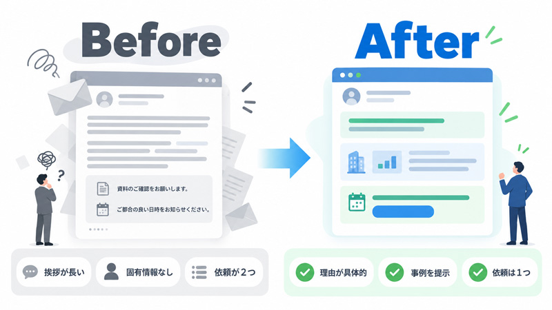 修正後は、連絡理由、提供できる事例、依頼の3要素に絞り、求めるアクションも日程調整の1点にまとめています。