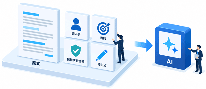 AIに文章修正を依頼するときは、提案書の全文に加え、読み手、目的、変更してはいけない情報、直したい点をまとめて伝える